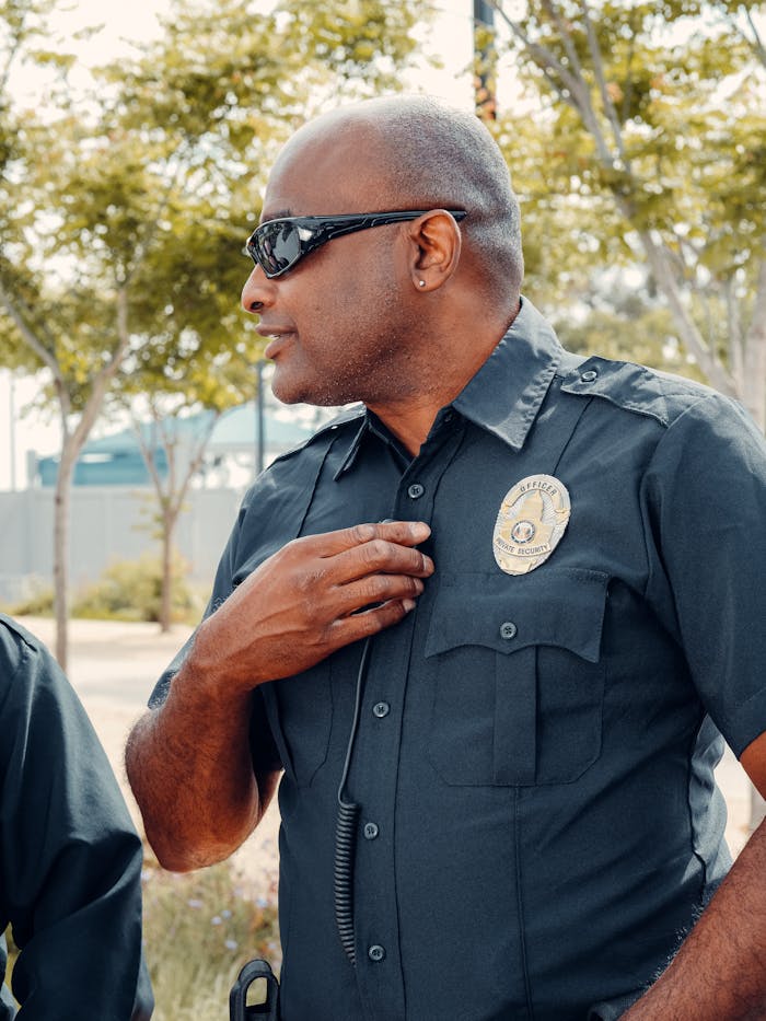 Uniformed officer in sunglasses communicating during patrol in urban setting, promoting public safety.